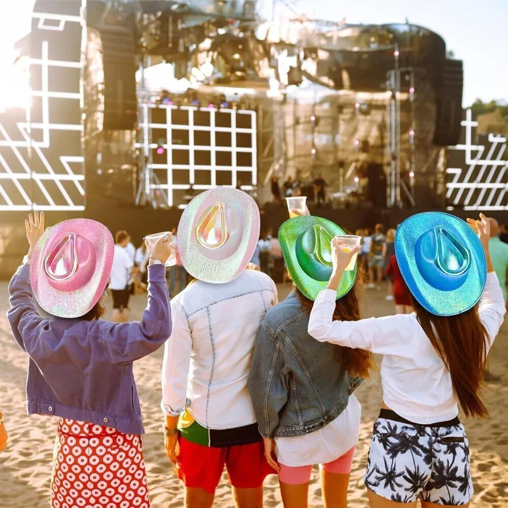 Set of 4 Holographic Space Cowgirl Hats Glitter Neon Party Costumes for Women